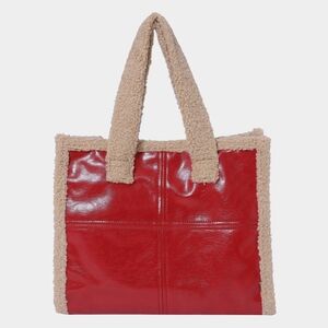 Red Fleece Trimmed Leather Tote Crossbody Bag Purse Square Casual Accessory